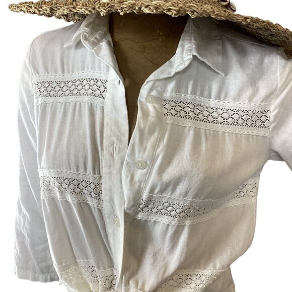 Beachy 3-Piece Set: Crop Ruffle Pant Linen Button-Up Top Sz S Seagrass Hat 329A - Picture 8 of 16